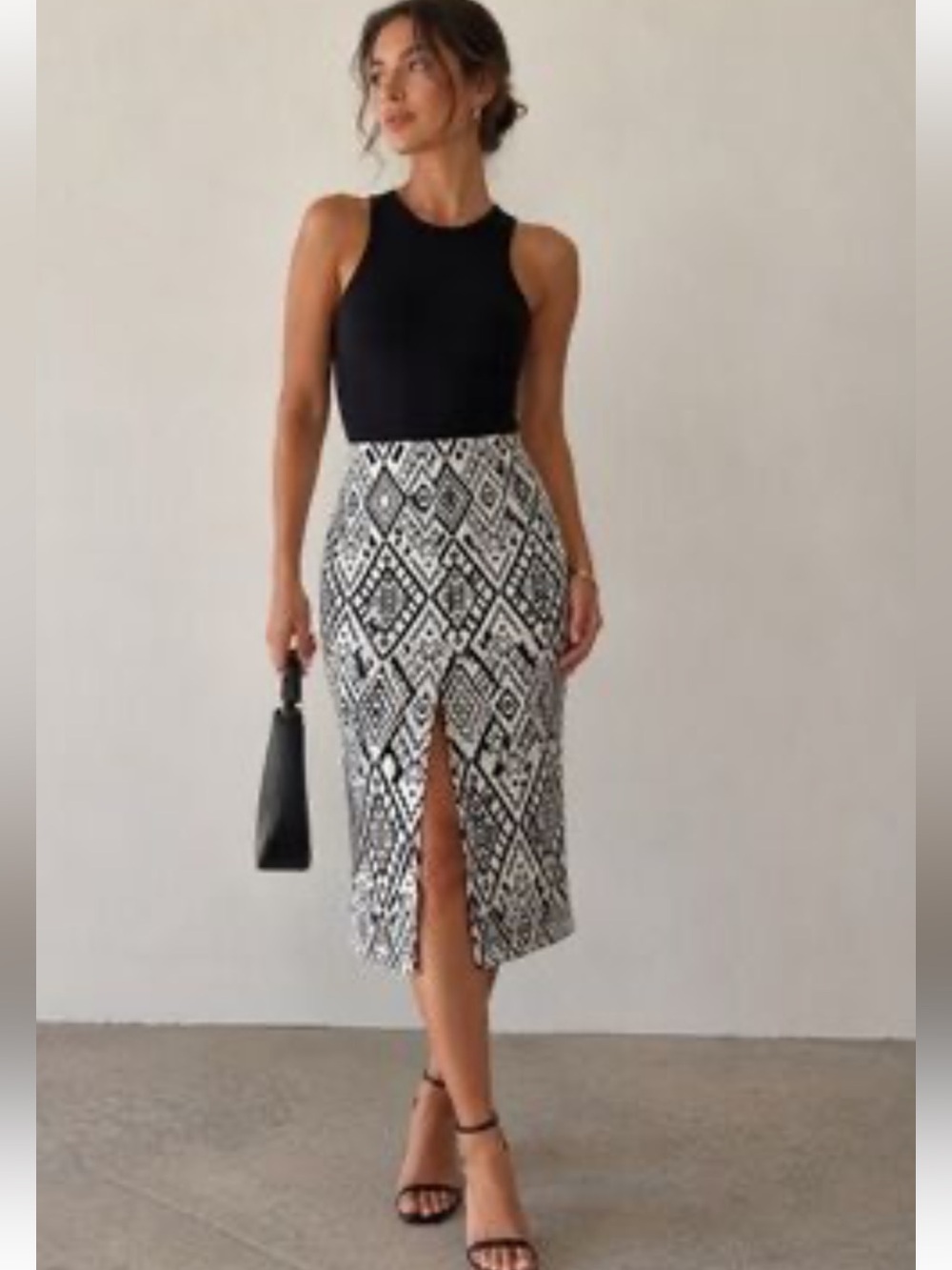 Zara Trafaluc Black & White Geometric Midi Skirt with Front Slit Size Small